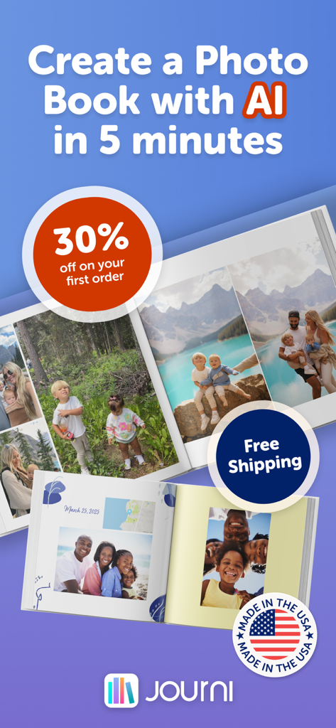 Promotional screen for Journi Print app showing a photobook with family vacation photos and a 30 percent discount offer.