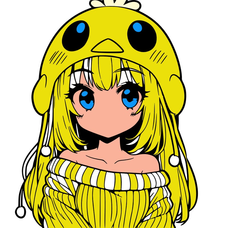 anime girl with chick shaped hat with sweater with bare shoulders with bangs covering them one eye with low tail