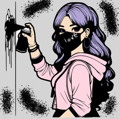 realistic girl with mask spray painting a wall