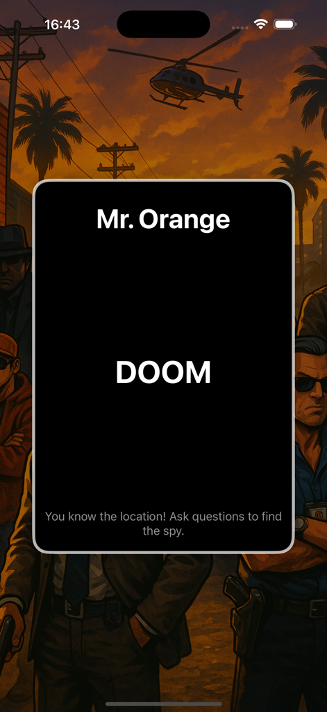 Captura de tela do jogo Undercover mostrando um cartão de papel para o Sr. Laranja com o local Doom