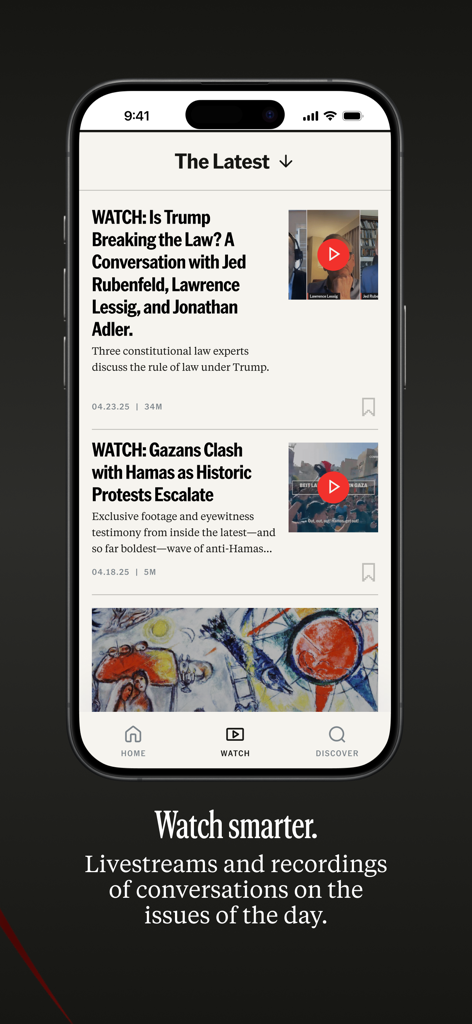 Mobile screen of The Free Press app Watch section featuring video news reports and investigations.