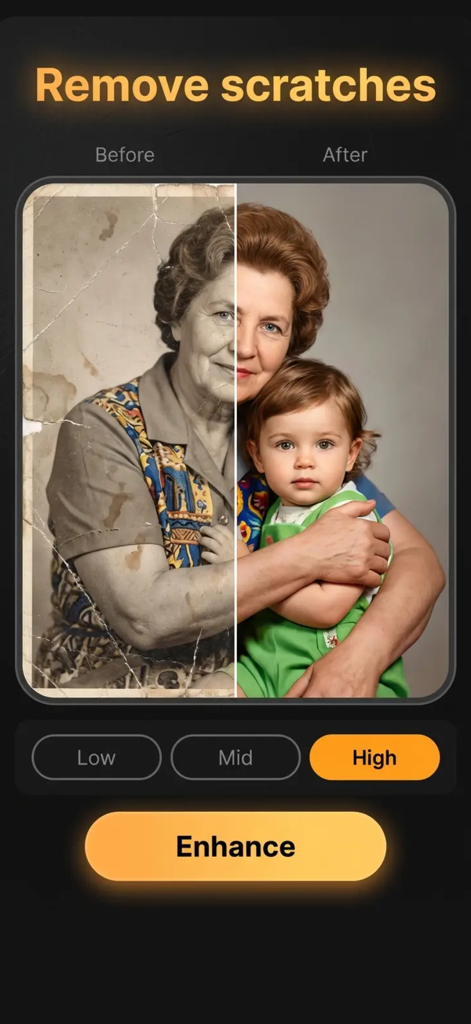 Old photo restore repair : - Before and after comparison of an old damaged photo being restored and colorized using AI