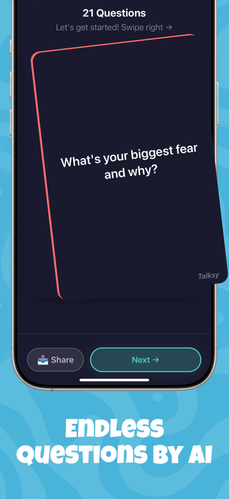 Questions for Friends: Talksy - Una captura de pantalla de la aplicación Talksy que muestra el modo de juego 21 Preguntas con una tarjeta de pregunta sobre los mayores miedos.