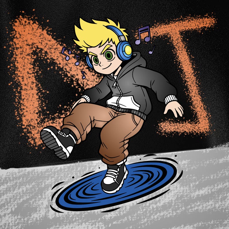 a boy falling from the sky into a portal. the boy is wearing an open zip up hoodie with baggy jeans and sneakers and is also wearing headphones with music notes coming out the headphones.
