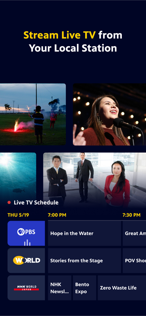 PBS: Watch TV & Documentaries - La interfaz de la aplicación PBS que muestra un horario de TV en vivo de una estación local con varias listas de canales y títulos de programas.