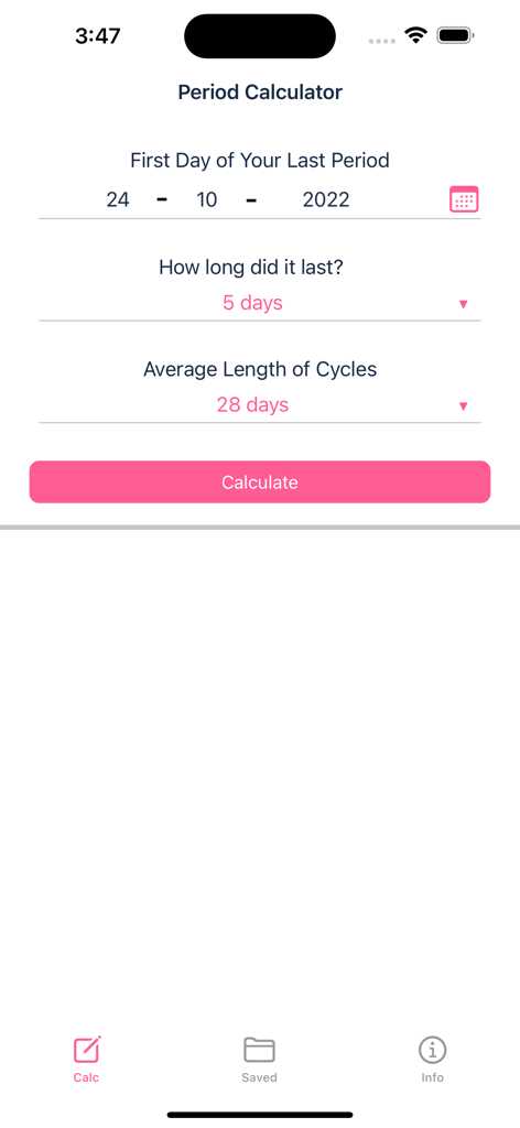 Una semplice interfaccia mobile per inserire dati del ciclo mestruale per calcolare date future di ciclo e ovulazione.