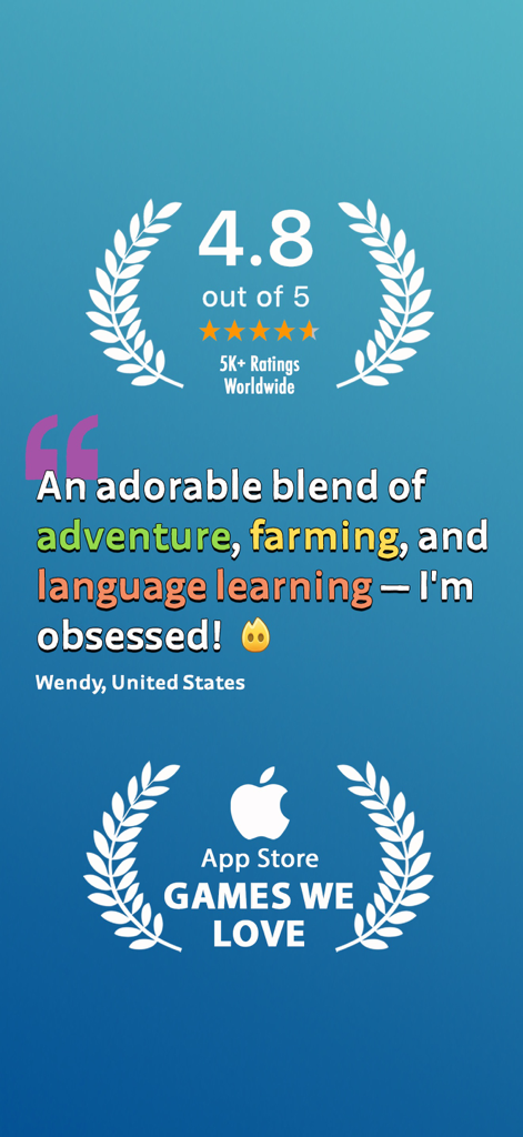 A screenshot of the Lingo Legend app showcasing its 4.8 star rating and a user review describing it as an adorable blend of adventure farming and language learning