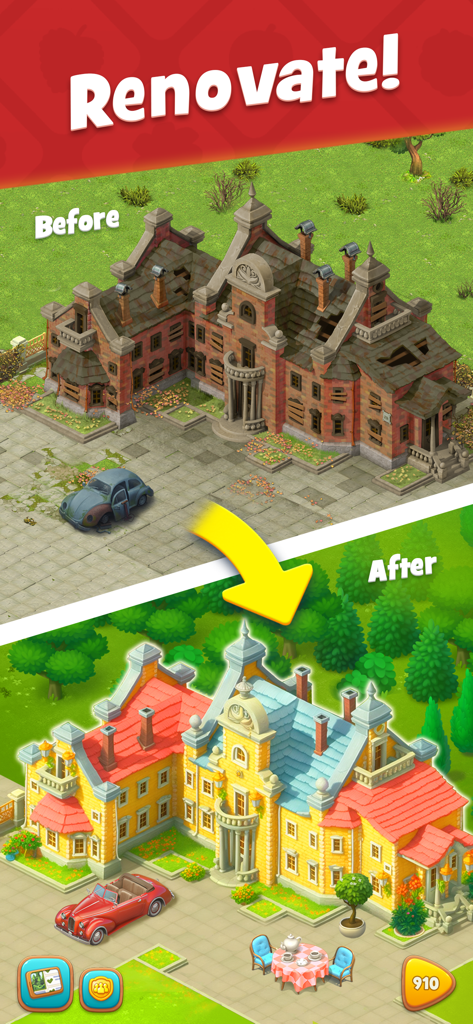 Gardenscapes screenshot showing a before and after renovation of a large manor