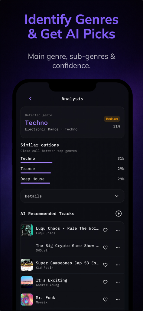 Genre AI: Music Genre ID - A music analysis screen from the Genre AI app showing genre identification confidence and recommended tracks