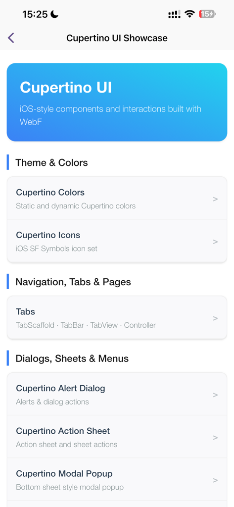 A showcase of iOS-style Cupertino UI components and interactions available in the WebF Go developer app.