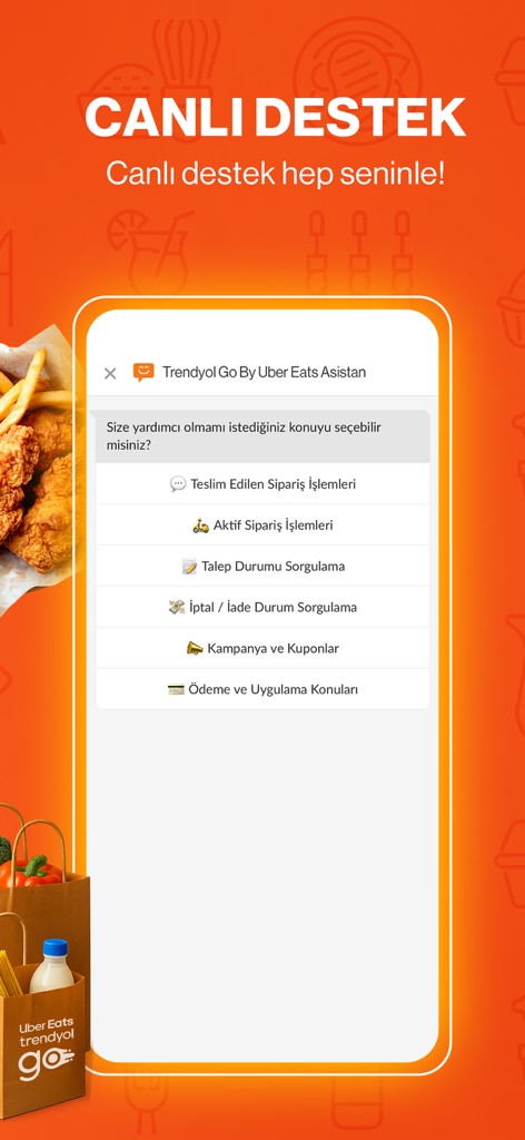 Trendyol Go app live support screen with automated chat options for order tracking and assistance