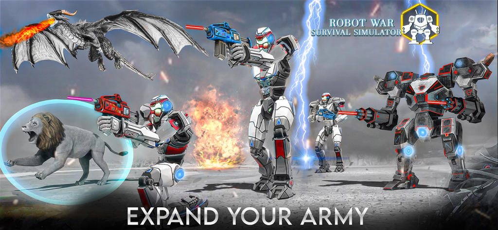 Robot Car Transform Wars Games - A battle scene featuring combat robots, a fire breathing dragon, and a lion with the text Expand Your Army