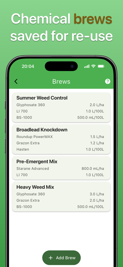 A list of saved chemical spray mixes in the Spraybook app