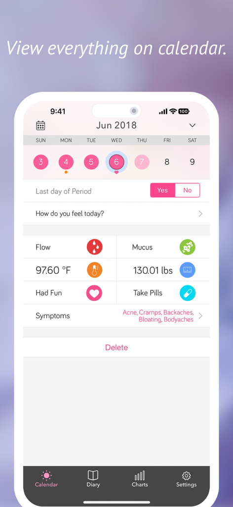 Monthly Cycles - Interface of the Monthly Cycles app showing a calendar view with daily symptom tracking for period and health monitoring