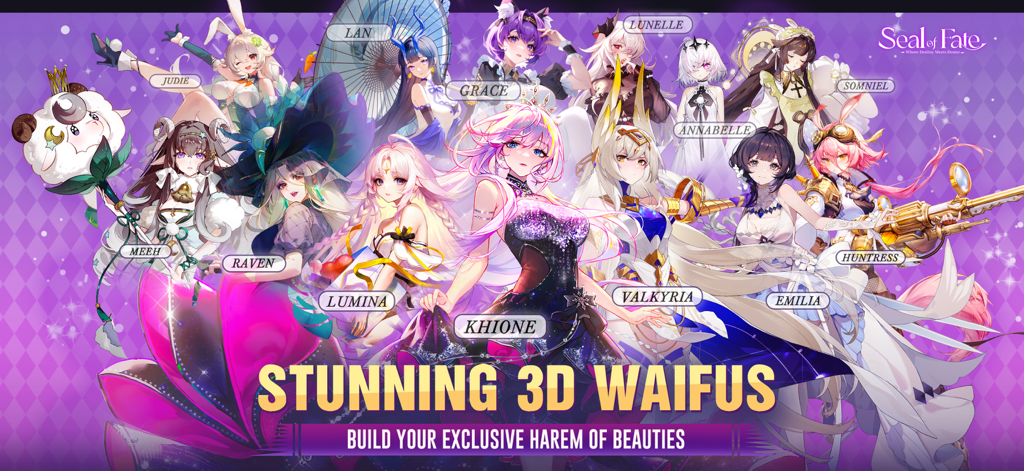 Seal of Fate - A group of anime style female characters from the game Seal of Fate with the text Stunning 3D Waifus