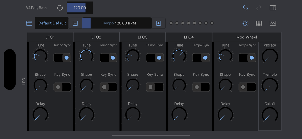 VAPolyBass - VAPolyBass app interface showing LFO and modulation wheel settings