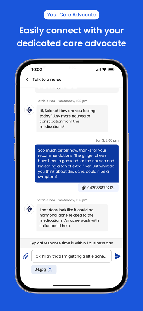 Progyny - Progyny app interface showing a secure message conversation with a patient care advocate regarding health symptoms.