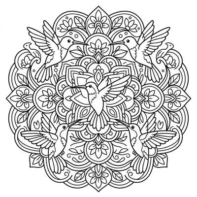 Discover the enchanting world of hummingbirds with this delightful mandala coloring page, perfectly designed for kids aged 4-8. Its balanced lines and charming details promise hours of creative, joyful coloring.