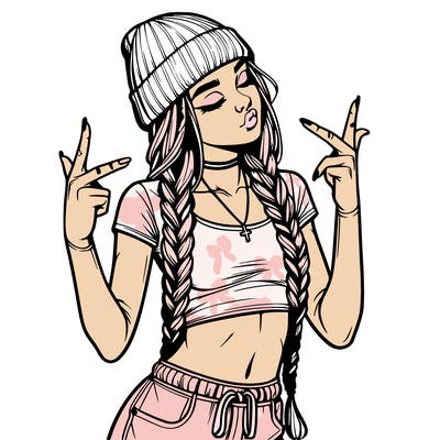 realistic teenage girl with braids and a beanie and crop top doing 🫶🏼