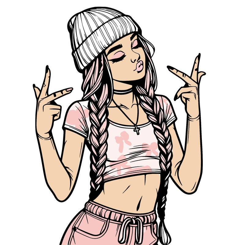 realistic teenage girl with braids and a beanie and crop top doing 🫶🏼