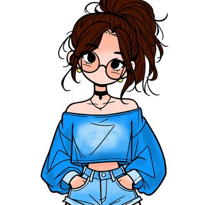 girl with a messy ponytail glasses a baggy crop top and jean shorts