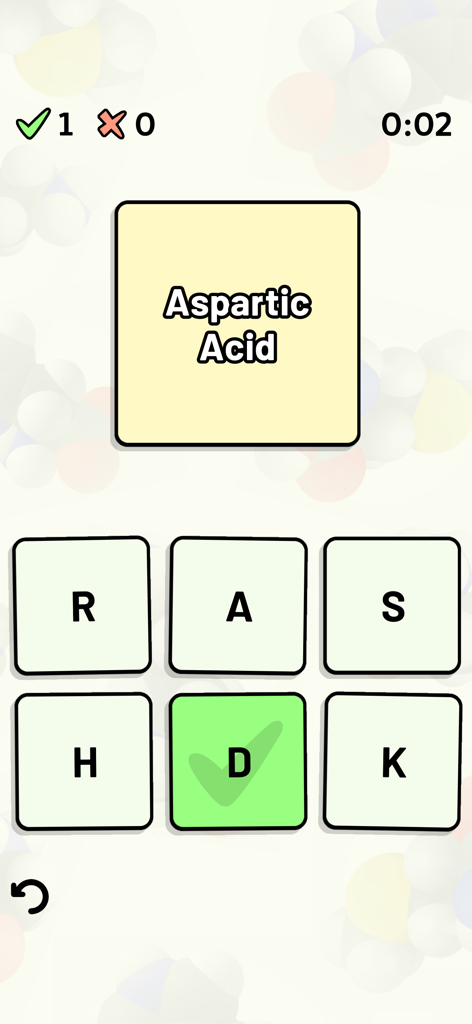 Amino Acid Quiz - Amino acid quiz interface showing a question for the one letter code of Aspartic Acid