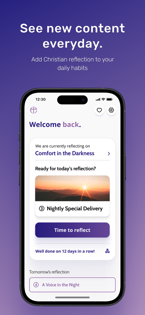 Everyday Faith app welcome screen featuring daily Christian reflections and a streak tracker.