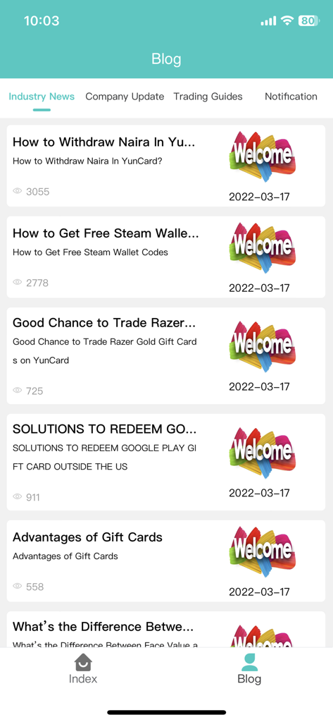 YunCard - L'interface du blog de l'application YunCard affiche des conseils de trading de cartes cadeaux et des actualités du secteur