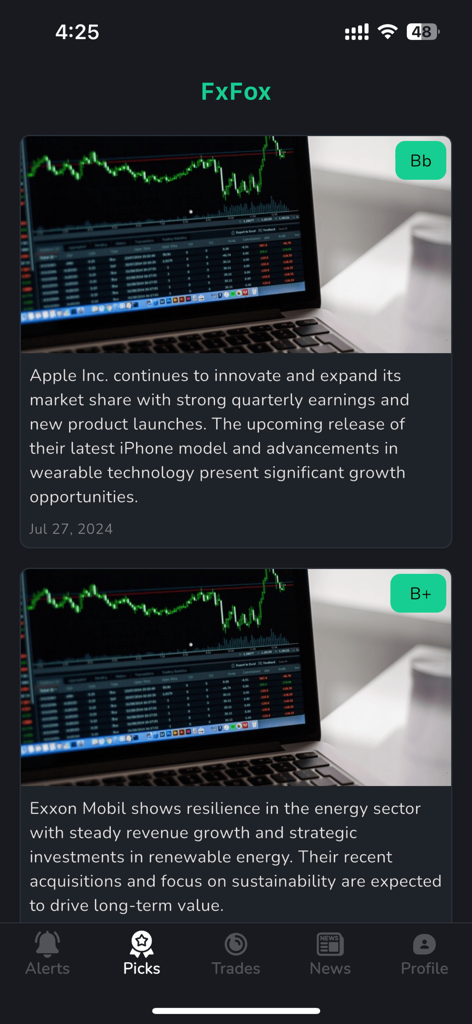 FxFox-Mobile-App-Oberfläche, die Aktienmarktanalysen und Handelspicks für Apple und Exxon Mobil zeigt
