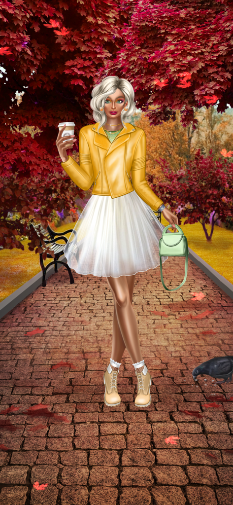 Blogger Girl - Outfit Makeover - Una chica animada con una chaqueta de cuero amarilla y una falda blanca sosteniendo una taza de café en un parque de otoño