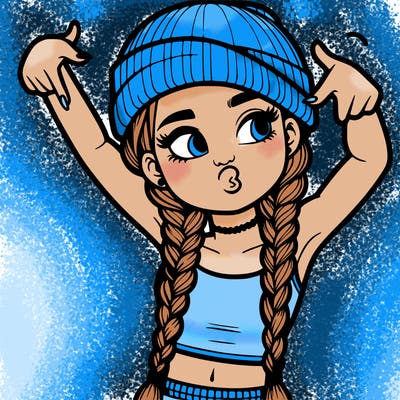 realistic teenage girl with braids and a beanie and crop top doing 🫶🏼
