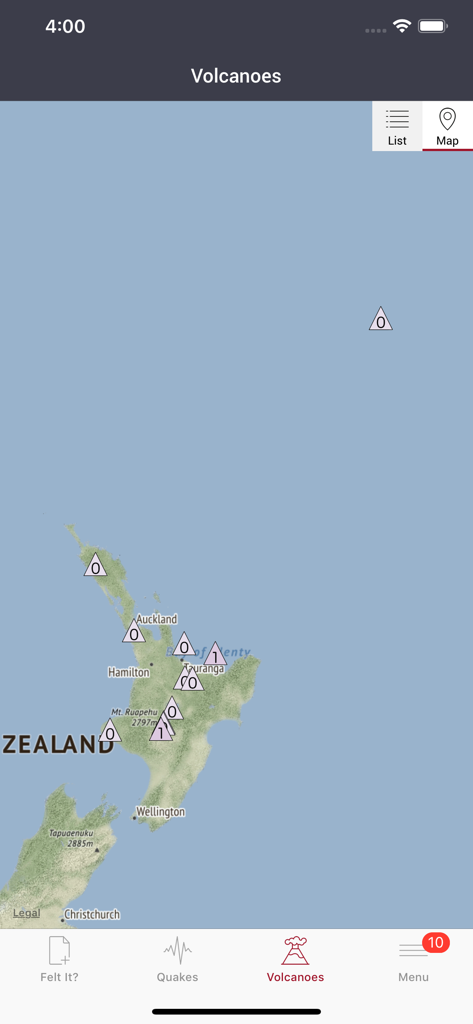 A map of New Zealand in the GeoNet Quake app showing locations and alert levels of various volcanoes.