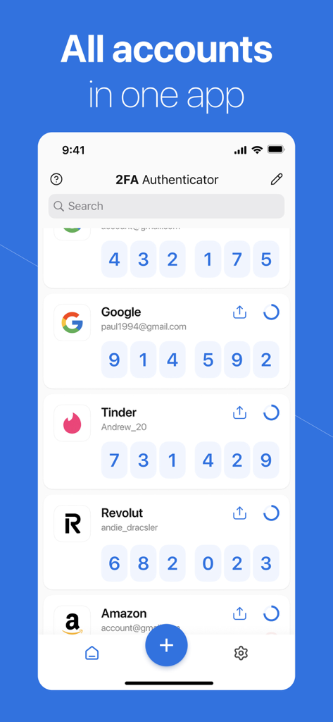 GoogleやAmazonなど、複数のアカウントの2FAセキュリティコードを表示するモバイルアプリのインターフェイス