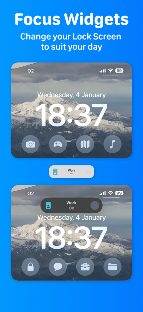 Lock Launcher Widgets LockFlow - iPhone lock screen showing custom widgets that change automatically based on focus modes