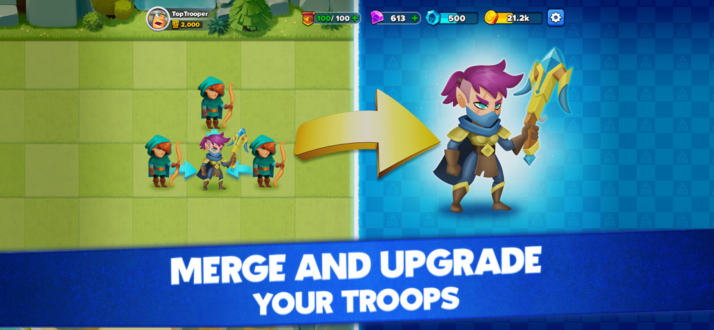 Top Troops: Adventure RPG - Top Troops mobile game screenshot showing the merge and upgrade troop mechanic