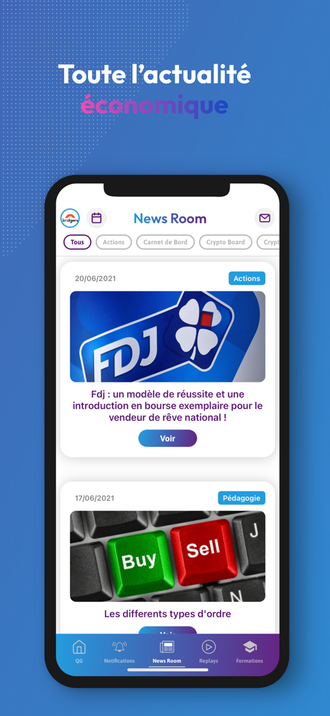 Interface of the Interactiv Trading app showing the economic news feed with articles on stocks and market orders