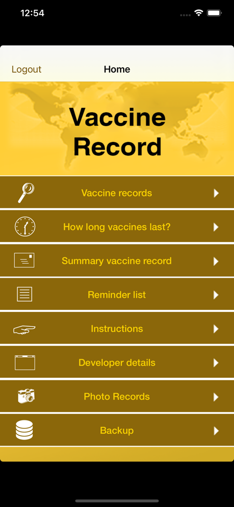 Main menu screen of the Vaccine Record for Travellers app showing digital immunization tracking options.