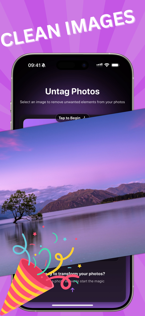 Object Remover - Untag AI - Interface of the Untag AI app on an iPhone showing a landscape photo with the headline Clean Images.