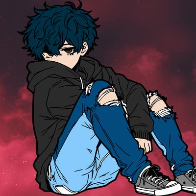 a male hoddie ripped jeans messy hair anime