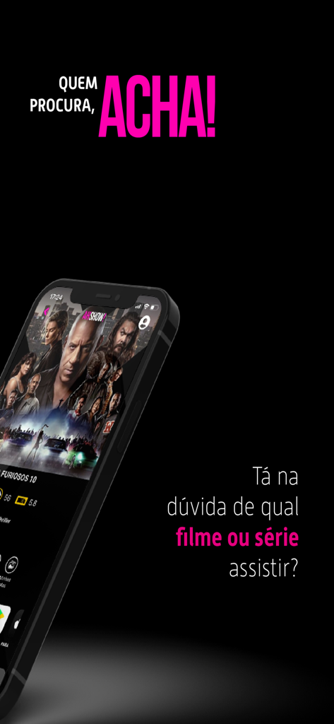 AhShow! - Tela do aplicativo AhShow! exibindo um pôster de filme e um guia para encontrar filmes e séries em plataformas de streaming.