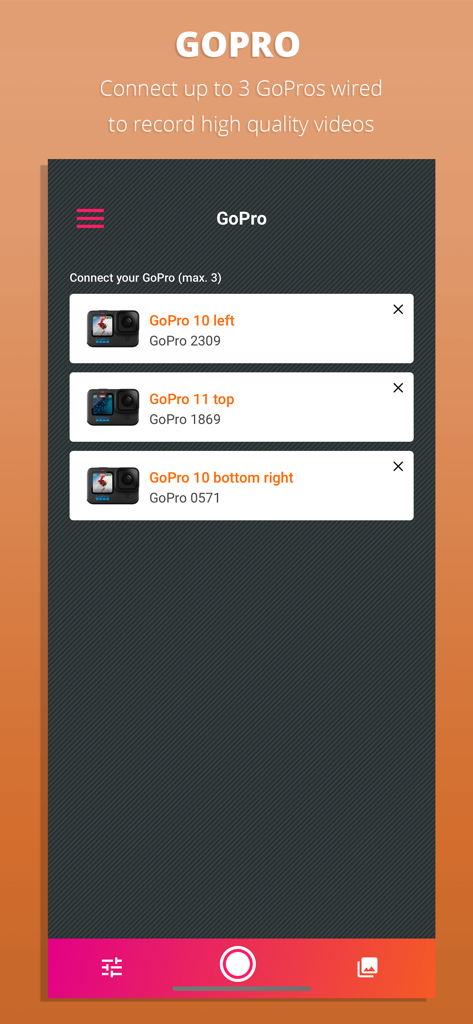 Interfaz de GlambotApp que muestra la conexión de tres cámaras GoPro para la grabación de vídeo multiángulo en eventos.