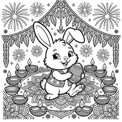 Join an enchanting fusion of holidays with this unique coloring page, featuring a cute Easter bunny amidst the vibrant festivities of Diwali. This delightful design combines festive traditions for a truly special coloring experience.
