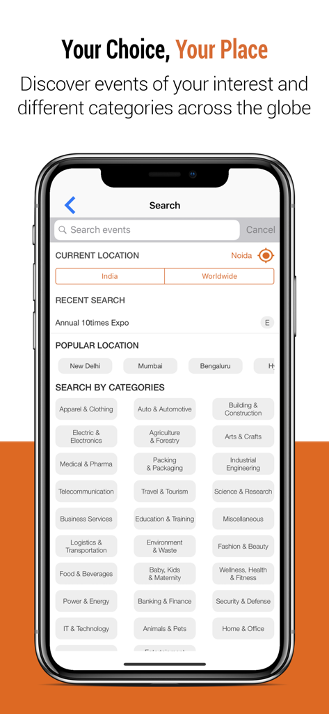10times - Find Event & Network - Search screen of the 10times app showing diverse professional event categories and location search options.
