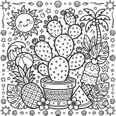 Embrace the warmth of summer with this delightful Prickly Pear Cactus coloring page. It's packed with sunshine, tropical treats, and beachy delights, ready for your creative touch.