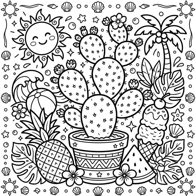 Embrace the warmth of summer with this delightful Prickly Pear Cactus coloring page. It's packed with sunshine, tropical treats, and beachy delights, ready for your creative touch.