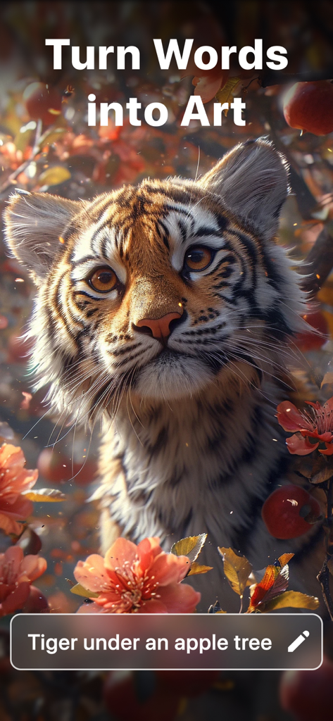AI Photo Generator - AI Art - Ein hyperrealistischer Tiger unter einem Apfelbaum, generiert von der KI-Foto-Generator-App aus einer Textaufforderung