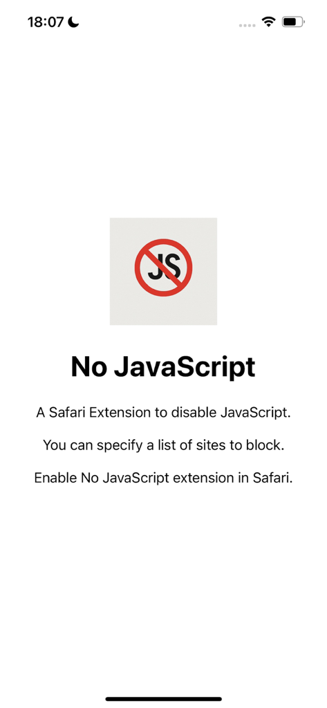 No JavaScript - Introductory screen for the No JavaScript Safari extension app showing the app logo and key features like site blocking.