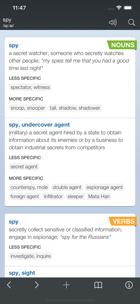 Interface of the Advanced English Dictionary app showing detailed noun and verb definitions for the word spy with related terms.