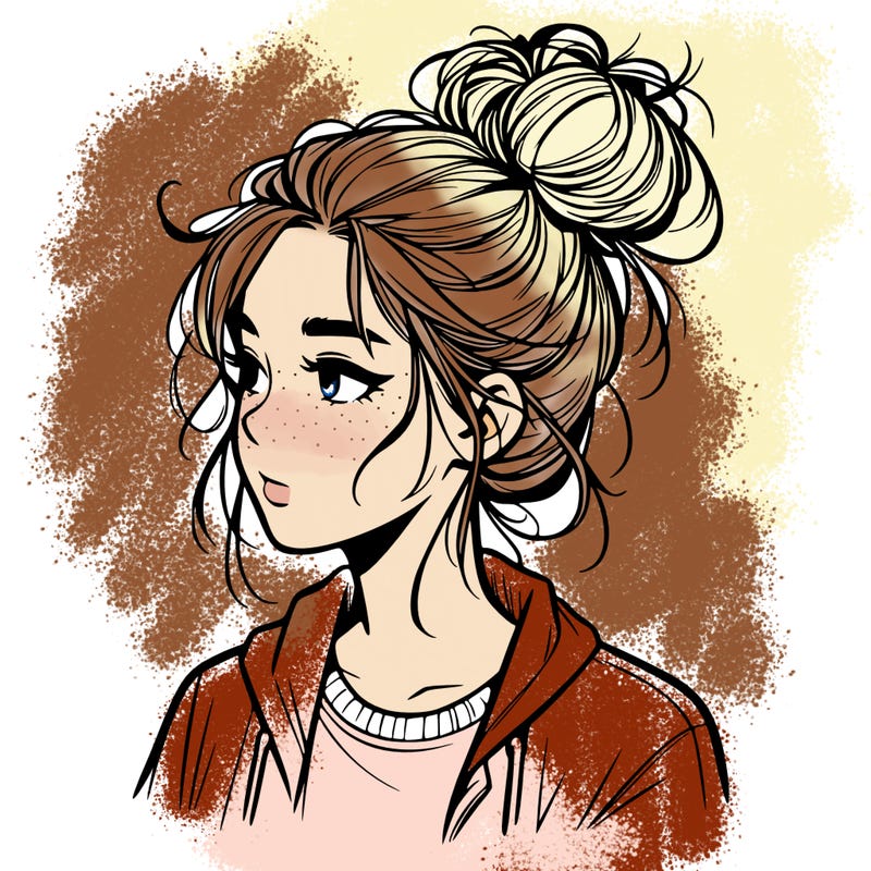 realistic teenage girl with a messy bun