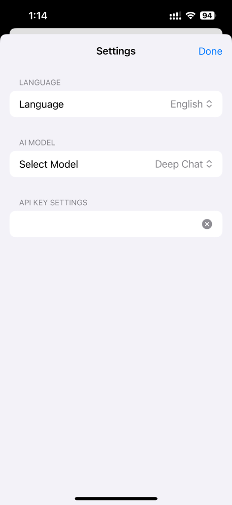 AIChat-deep integration - The settings screen of the AIChat-deep integration app showing options for language selection, AI model choice, and an API key input field.